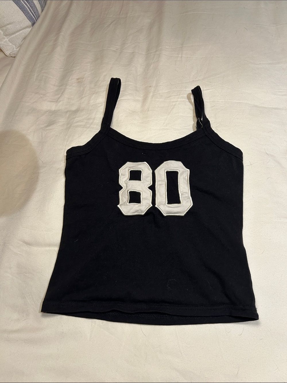 Edikted Black Spaghetti Strap Tank Top with White '80' Patch